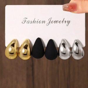 6PCS Fashion Smooth Water Drop Earrings,And Pendants Set In Gold, Silver, And Black